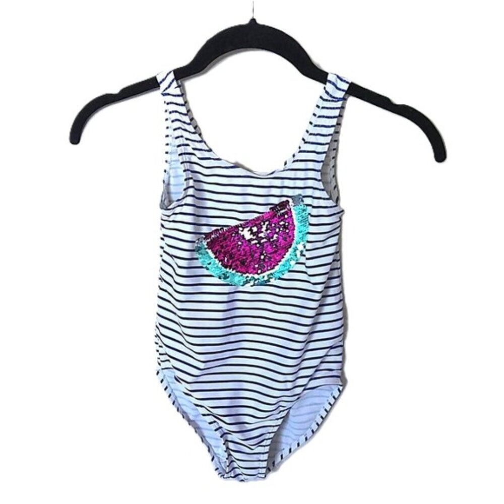 OshKosh B'gosh Girl's Bathing Suit Blue & White Stripe Sequin Watermelon 6 / 6X